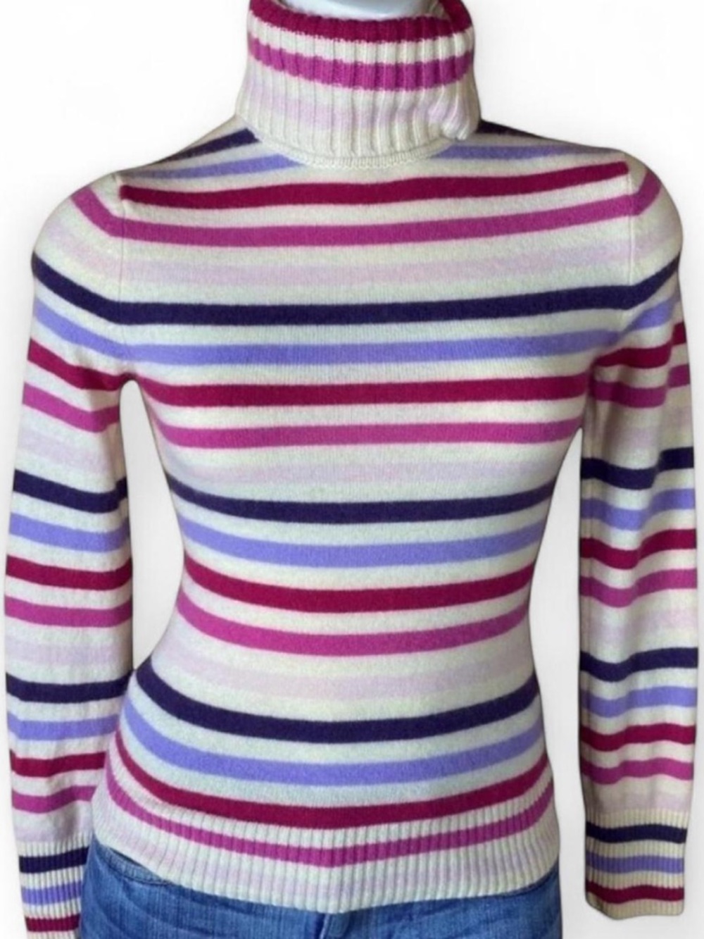 Vintage Express 100% Cashmere Sweater | Pastel Striped Turtleneck | SZ S